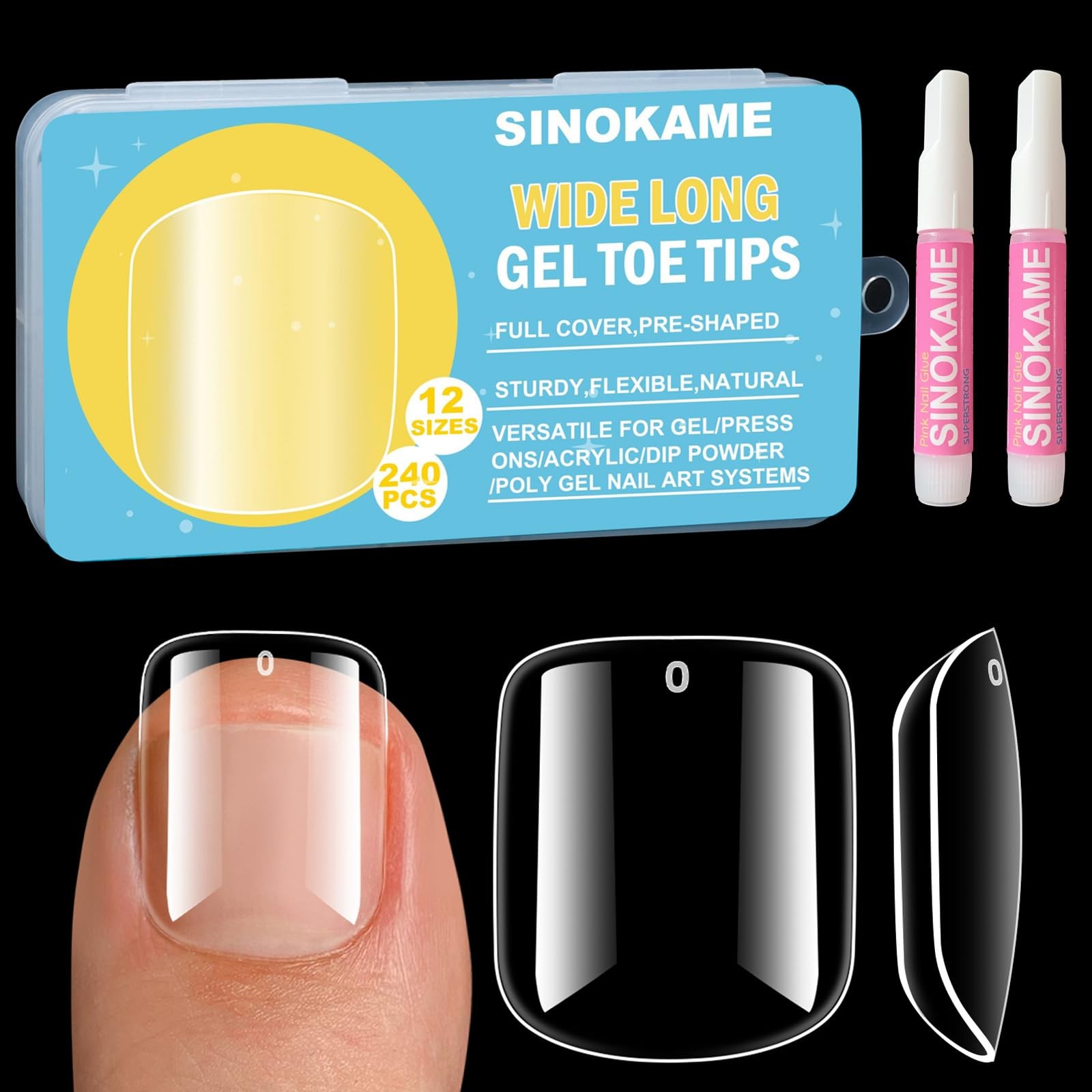 Wide Long Large Gel Toe Nail Tips, SINOKAME Big Fake Toenails Full Cover Nail