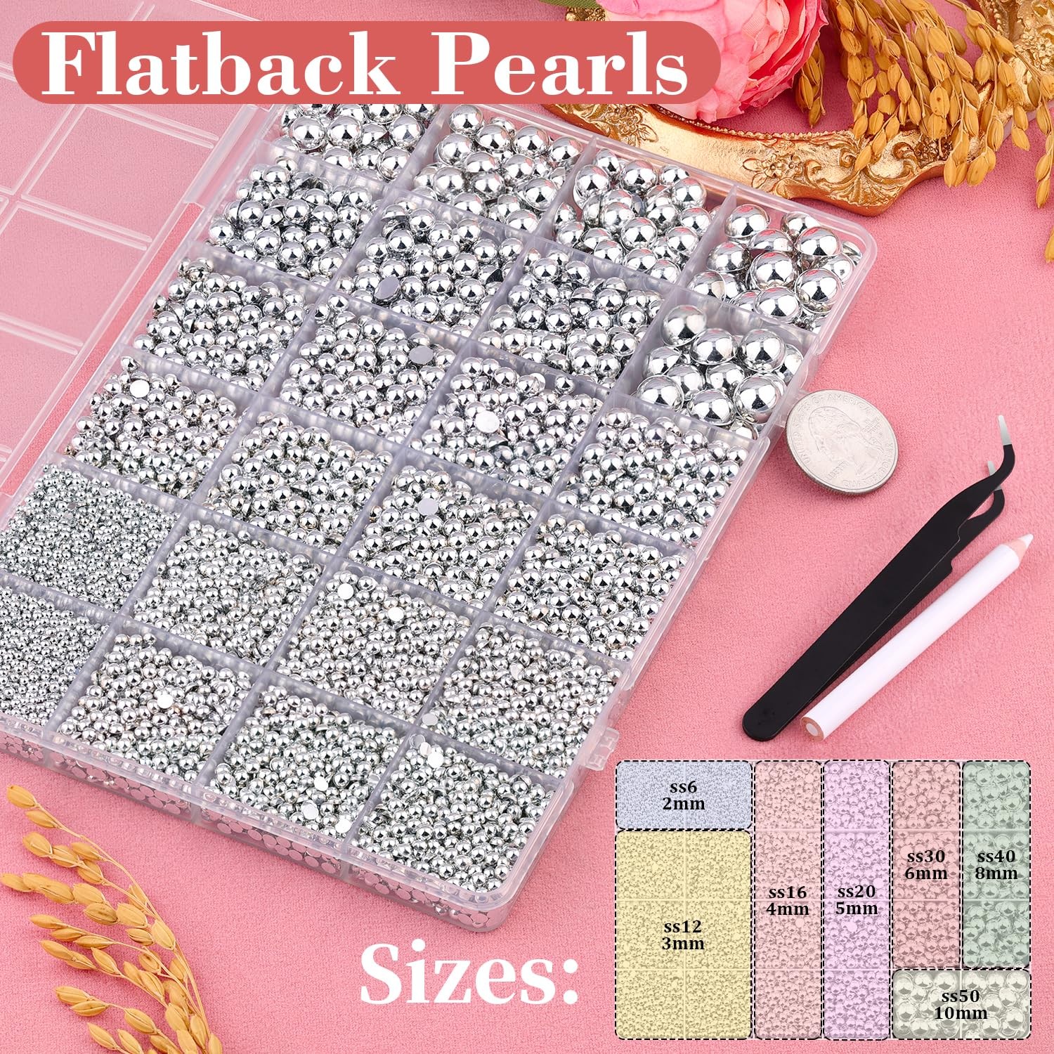 TINKRSTUFF Assorted Size Flatback Pearls for Crafting Nail Art Silver Color L…