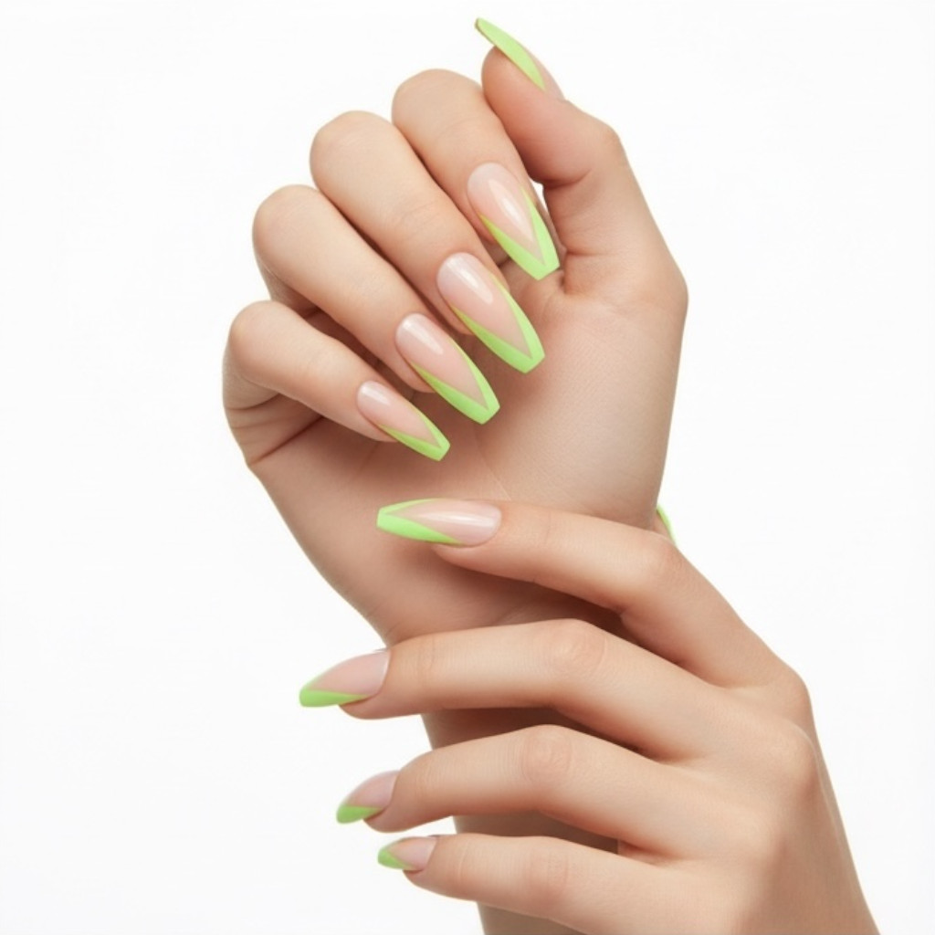Natural Nude Pink Green V French Glossy Ballerina Extra Long Press On Nails Set