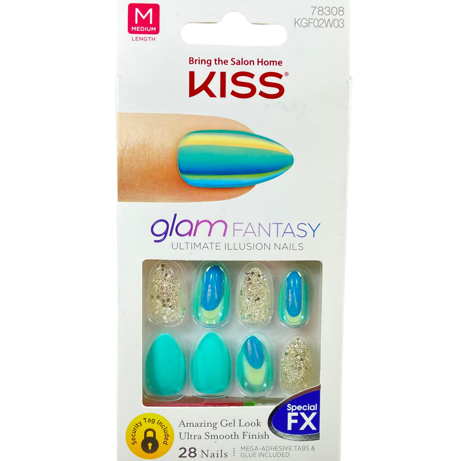 NEW Kiss Nails Glam Fantasy Press Glue Manicure Medium Gel Almond Aqua Silver