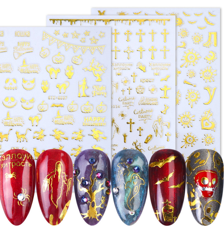 Nail Stickers Halloween Cross Bat Witch Pumpkin Skull Spider Decal DIY NH15