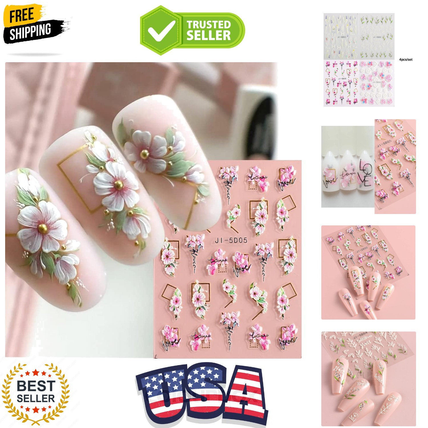 5D Flowers Nail Art Stickers 4 Sheets Pink Flowers Geometric Lines Decor Acry…