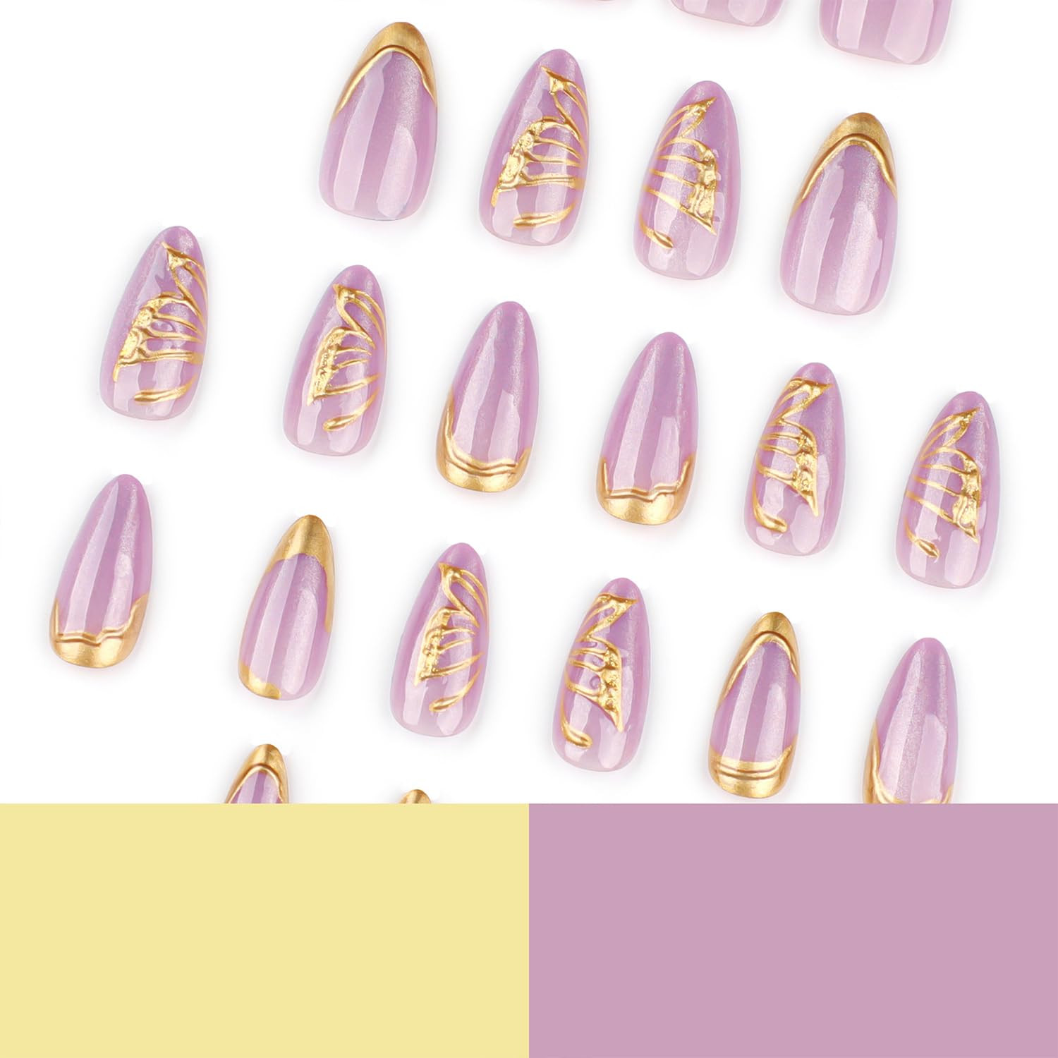 Butterfly Press on Nails Purple Almond Medium Fake Nails with Gold Accents and W
