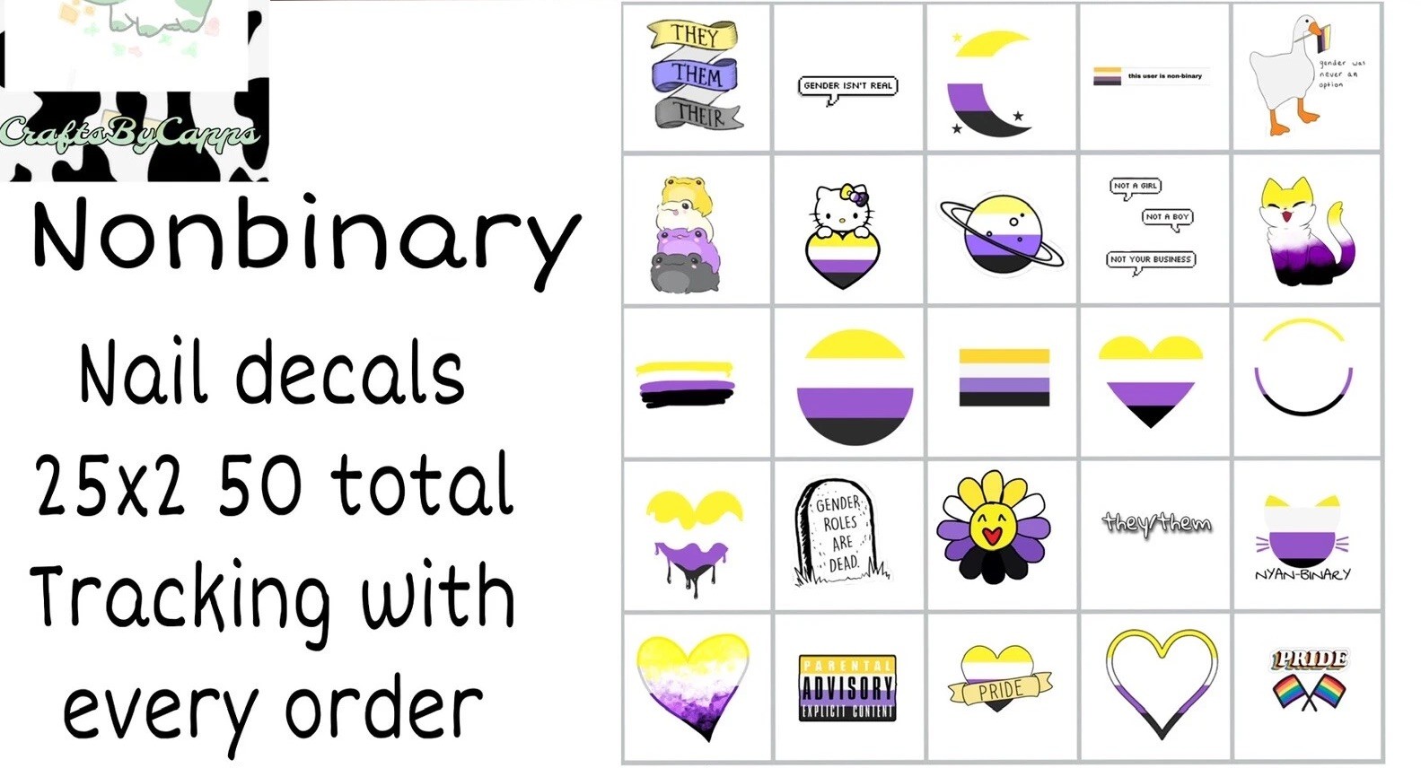 Nonbinary Pride Waterslide Nail Art Decals Set Of 50, Instructions Bonus KC
