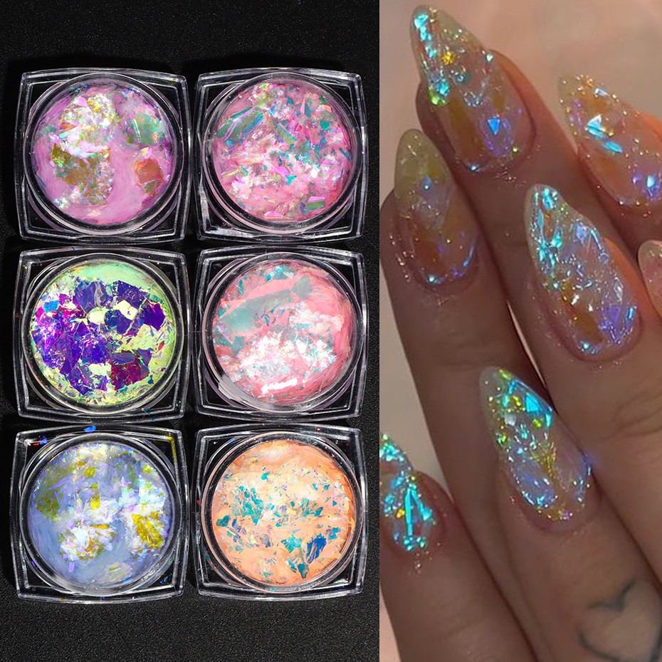 6pcs Aurora Opal Nail Glitter Flakes Iridescent Nail Pigment Crystal Mermaid Spa