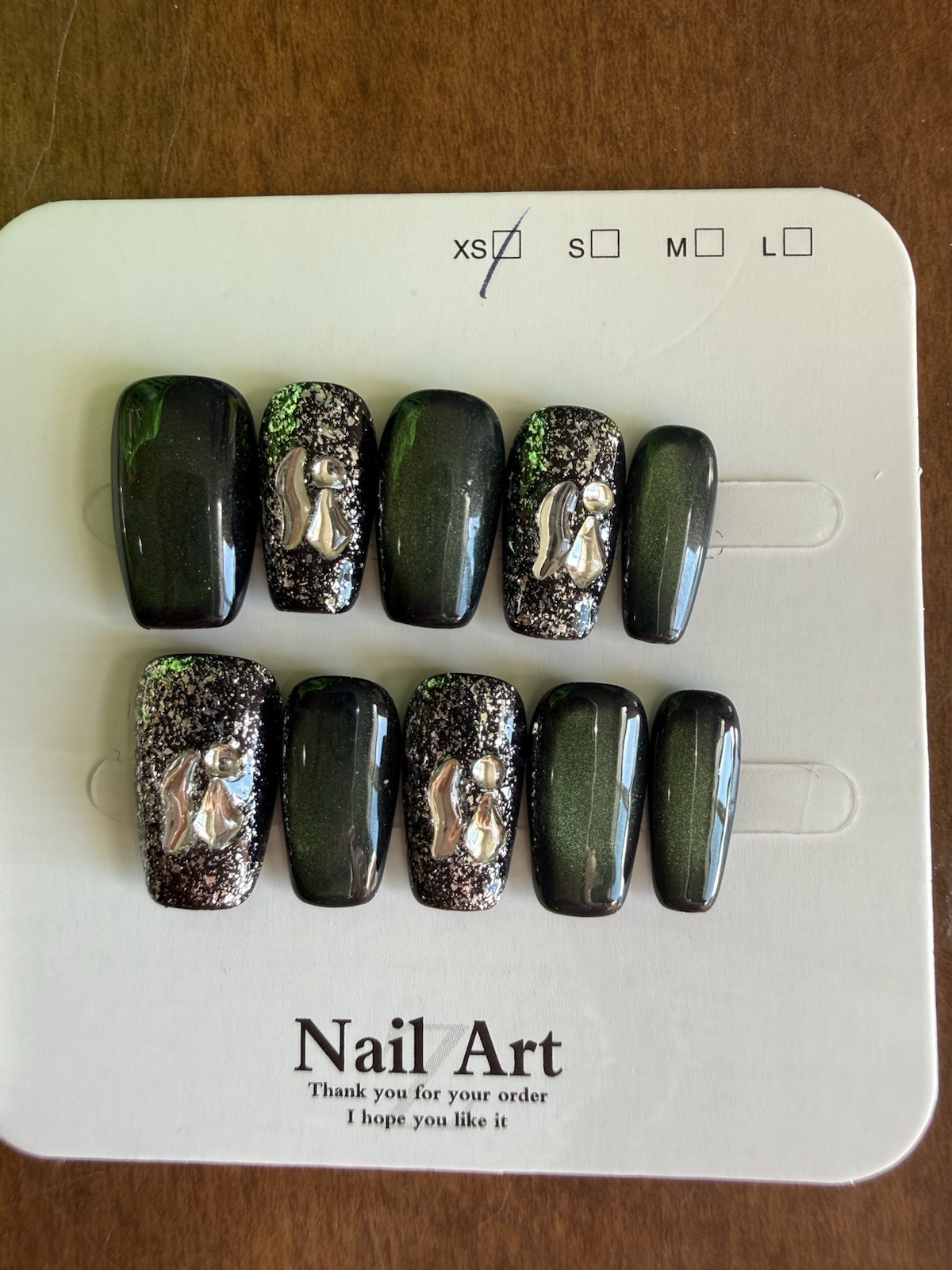 Press-On Nails Medium Coffin Dark Green Black Silver Glitter Shiny 3D Acrylic