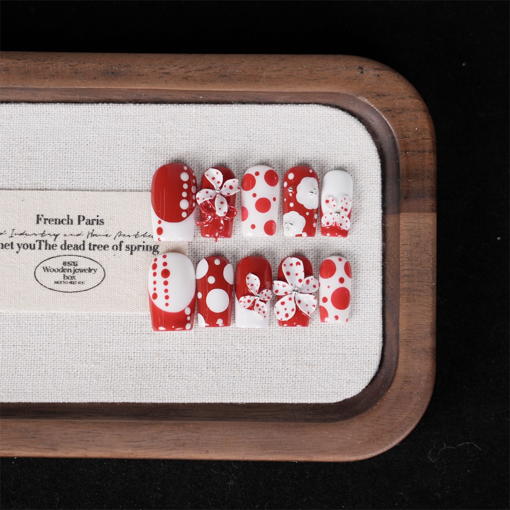 Handmade Red White Polka Dot Press on Nails Bow Floral Lovely Fake Nails