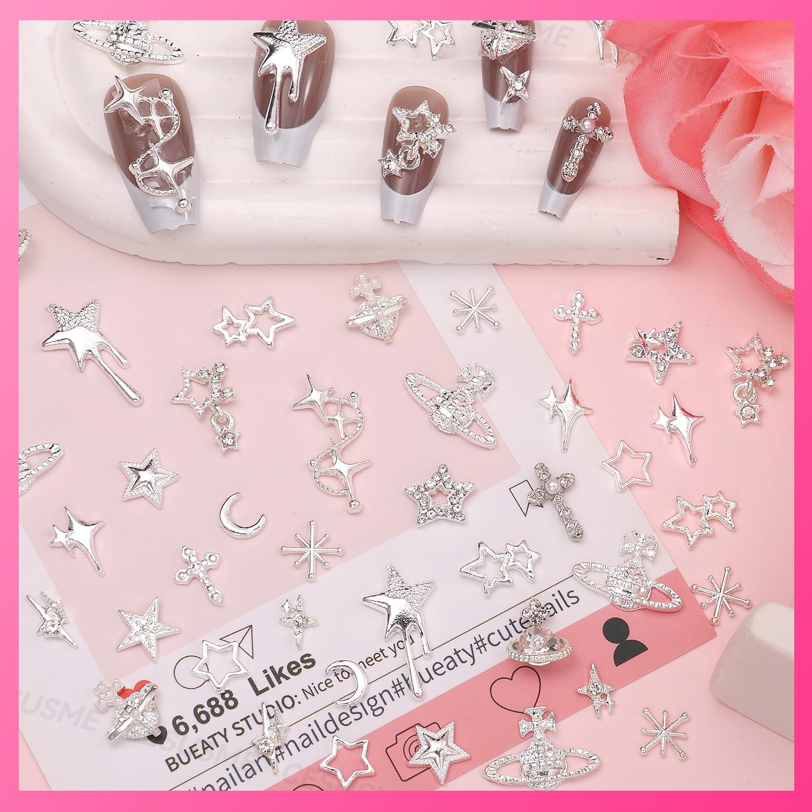 130 Pcs 3D Silver Star Cross Alloy Nail Charms, 21 Styles Y2K Metal Star Moon…