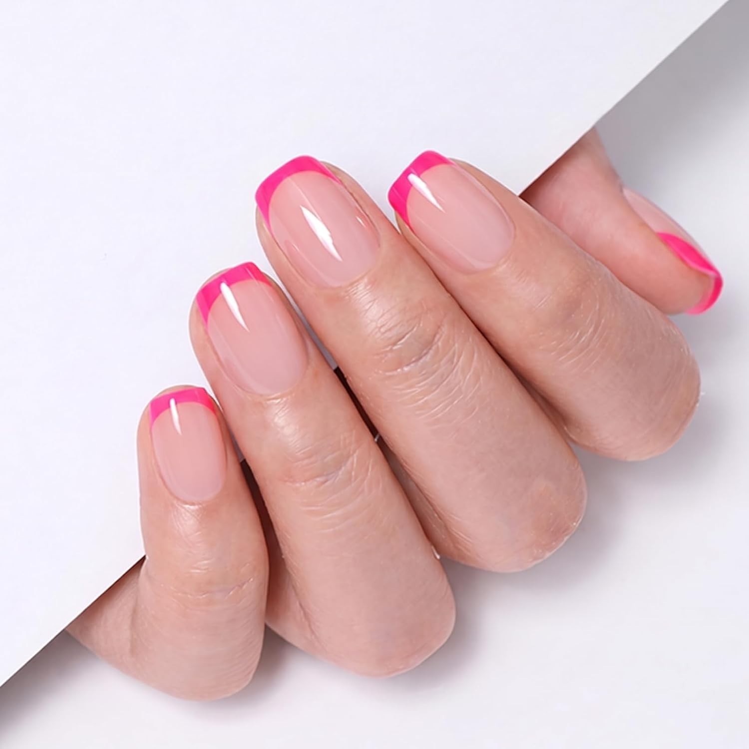 32Pcs Soft Gel Press on Nails – 16 Sizes Hot Pink French Tip Short Square Glu…