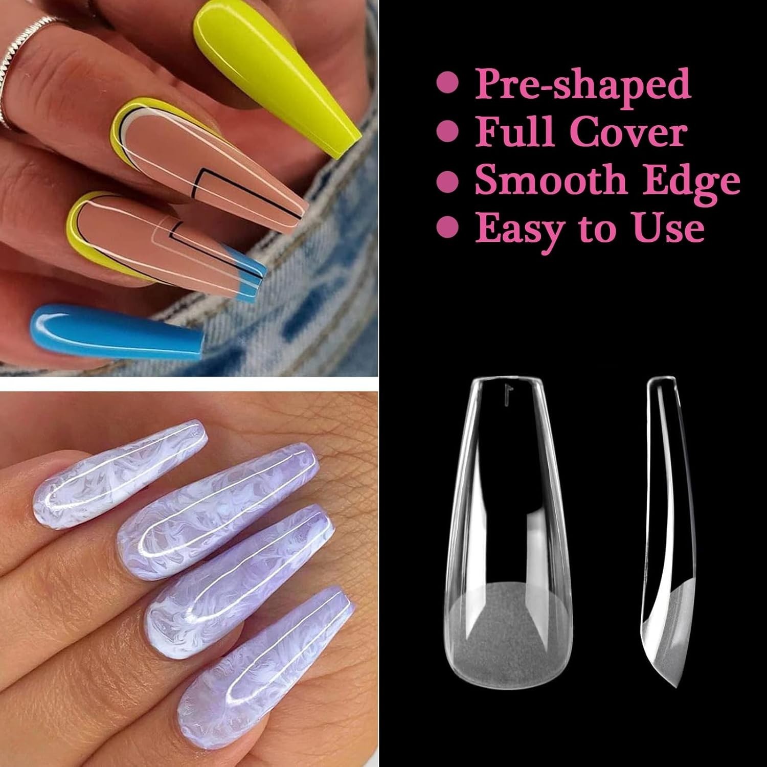 120 Pcs Long Coffin Nail Tips, Clear Half Matte Acrylic Full Cover Nail Tips