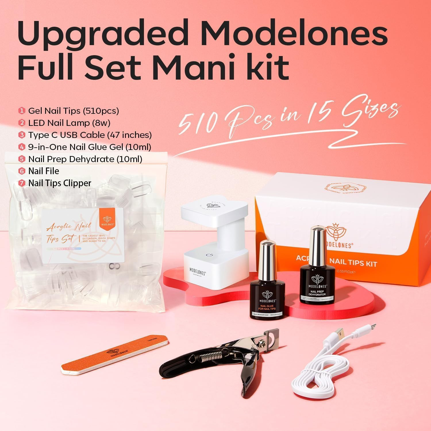 X Nail Gel Kit Almond,15Sizes Fake Nails 510Pcs, 9-In-One Glue Prep Dehydrator &