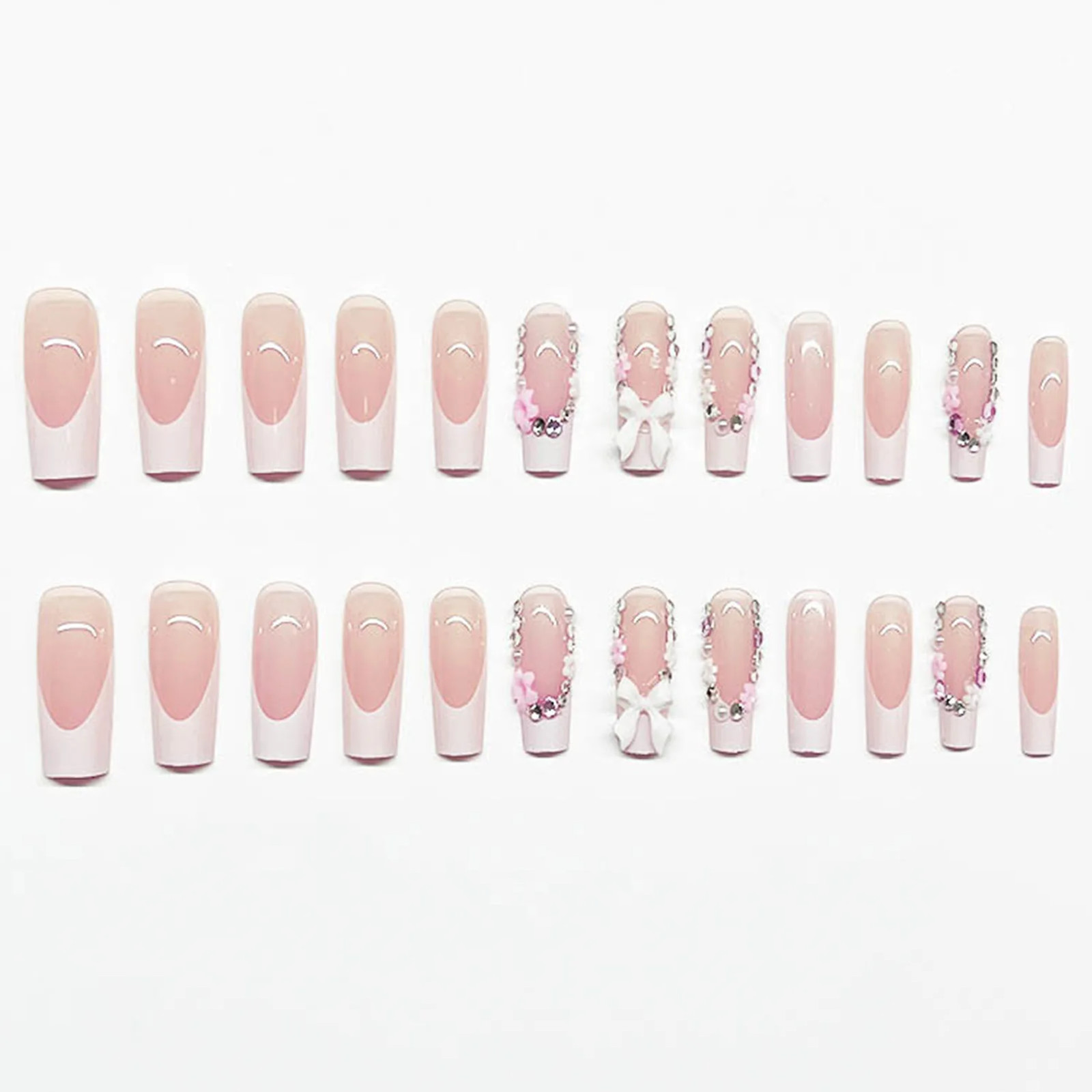 24Pcs White French Rhinestone Pearl Wedding Press On Nails