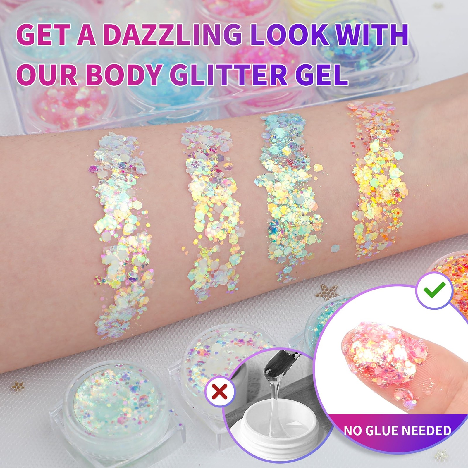 12 Colors Glow In The Dark UV Black Light Body Face Chunky Fine Glitter Gel
