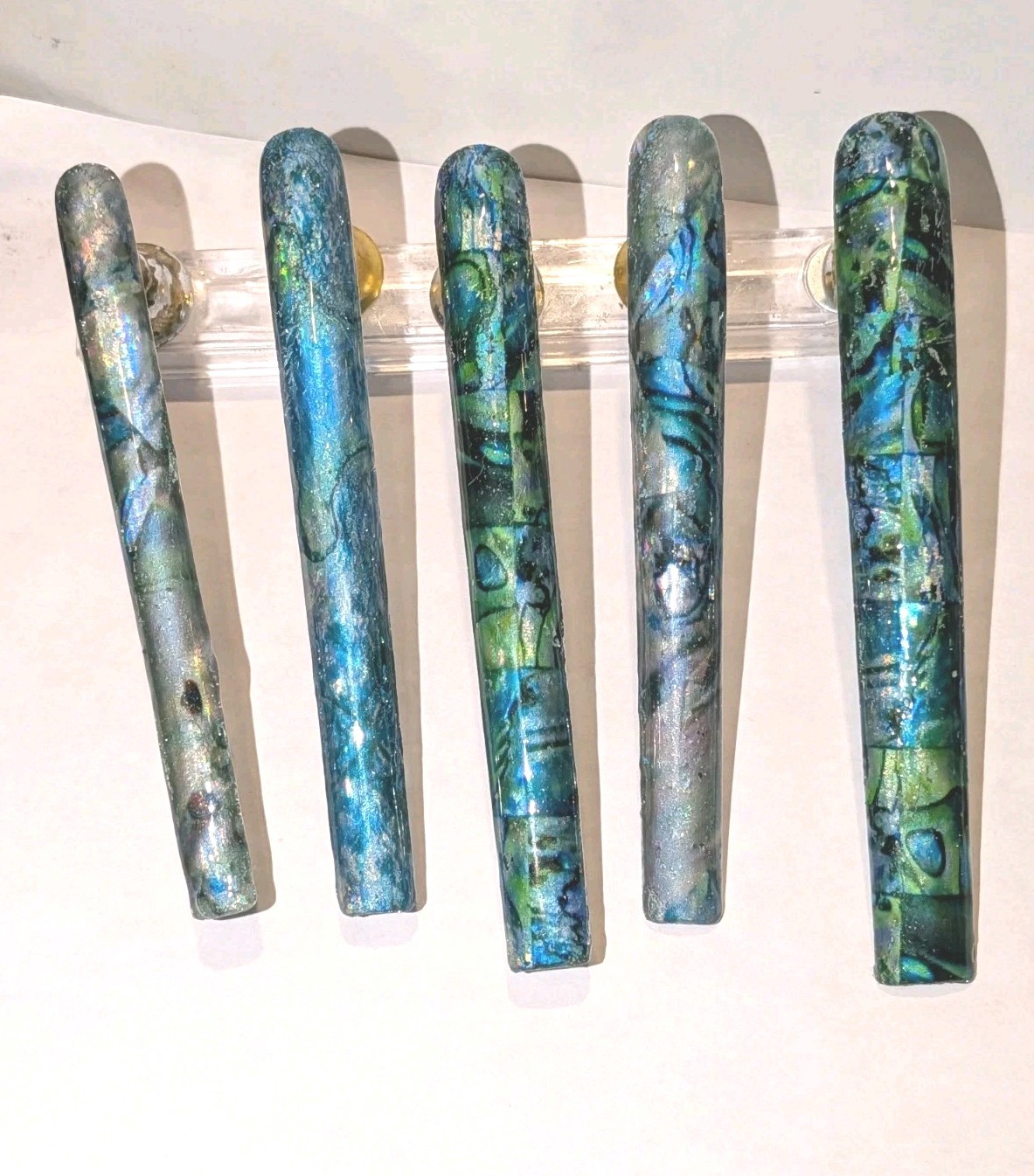 Hand Crafted 6Xl Acrylic Teal and Blue Marble Long Press-On Nails Sz Medium