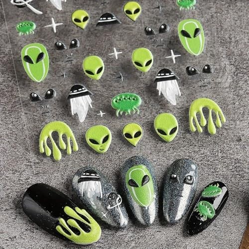 Embossed Alien Nail Art Stickers – 5D ET UFO Astronaut Rocket Design Self