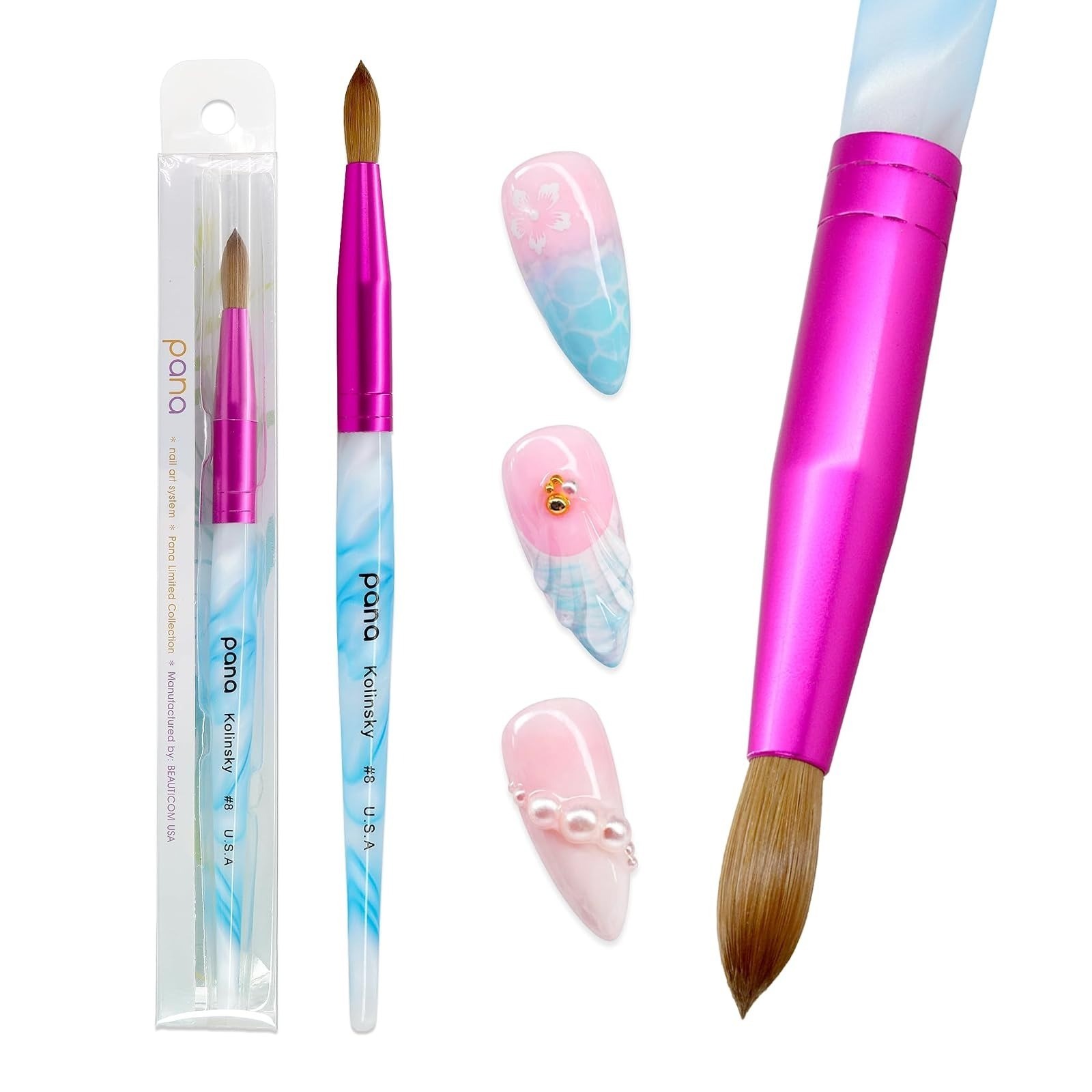 PANA Acrylic Nail Brush Kolinsky Hair Size 8 Blue Swirl Handle