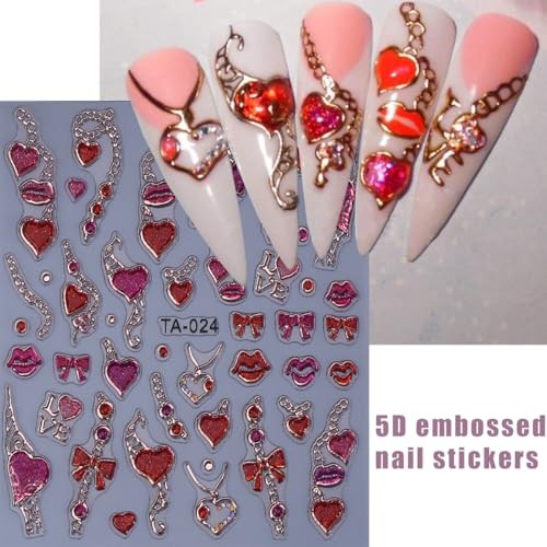 2 Sheets Valentines Nail Art Stickers 5D Embossed Colorful Valentines style 04