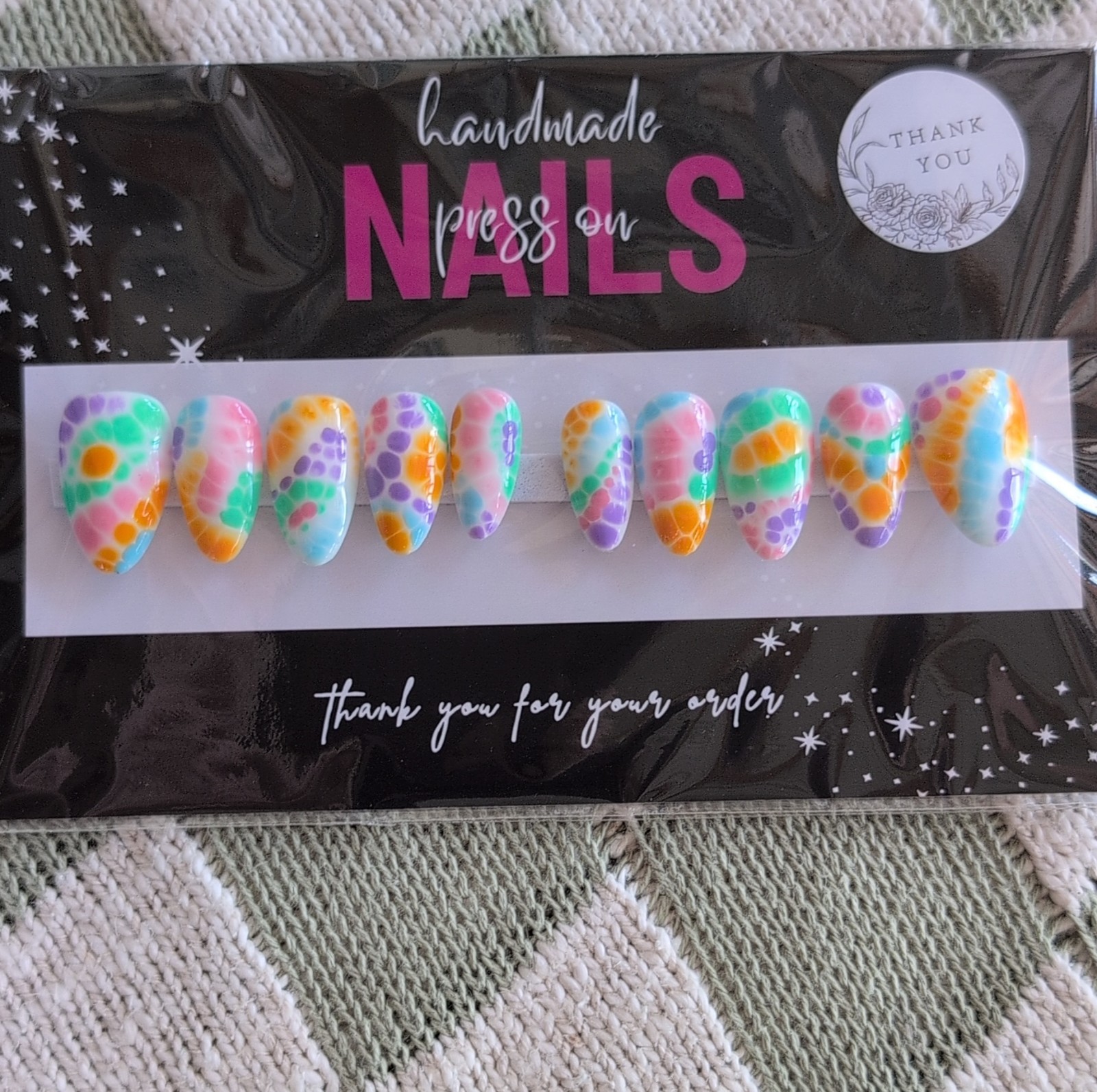 Press-On Nails Handmade Almond Long Multicolor Abstract Sized Large