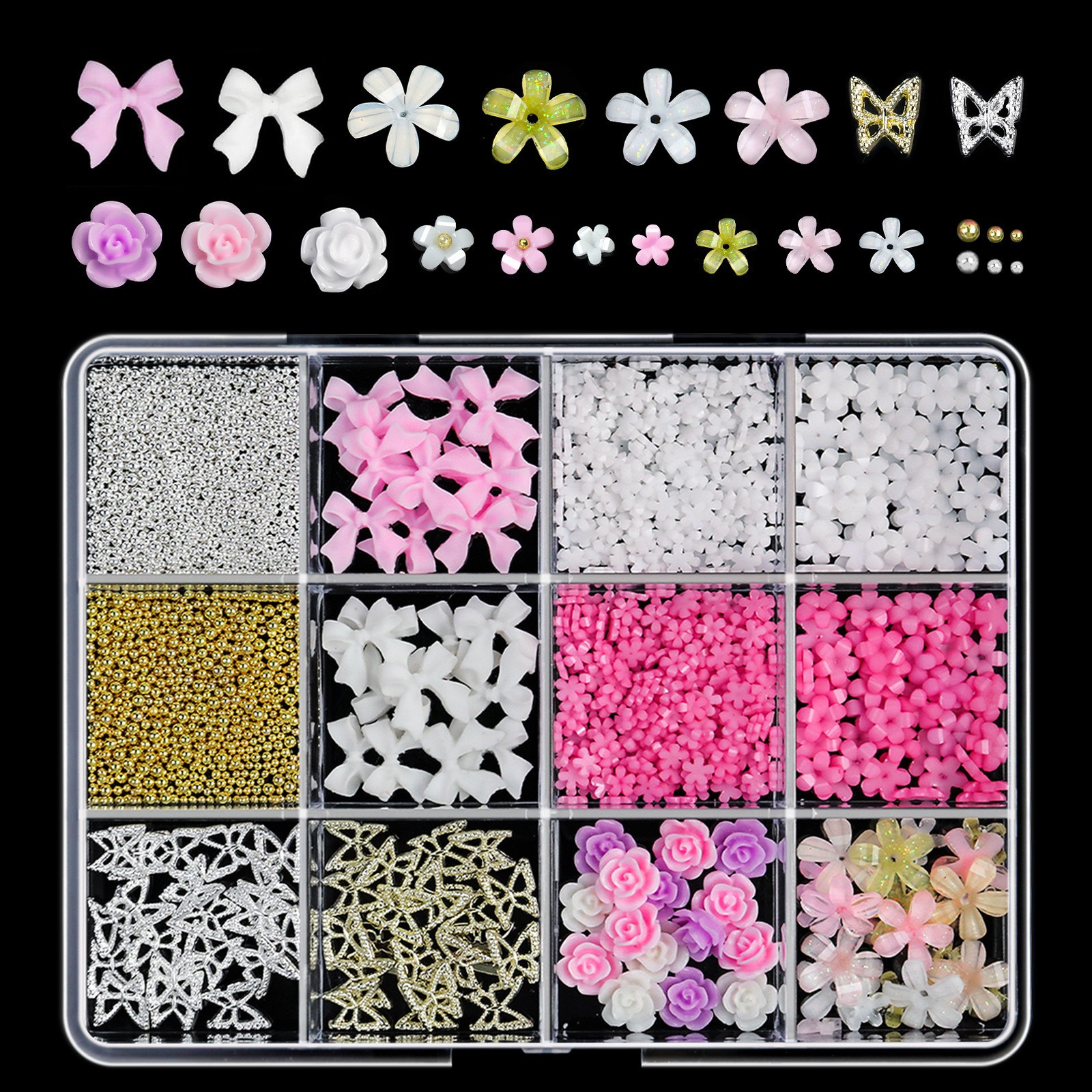 12/15Grids Acrylic Flower Nail Charms Mix Colors Set 3D Flower Nail Art Rhinesto