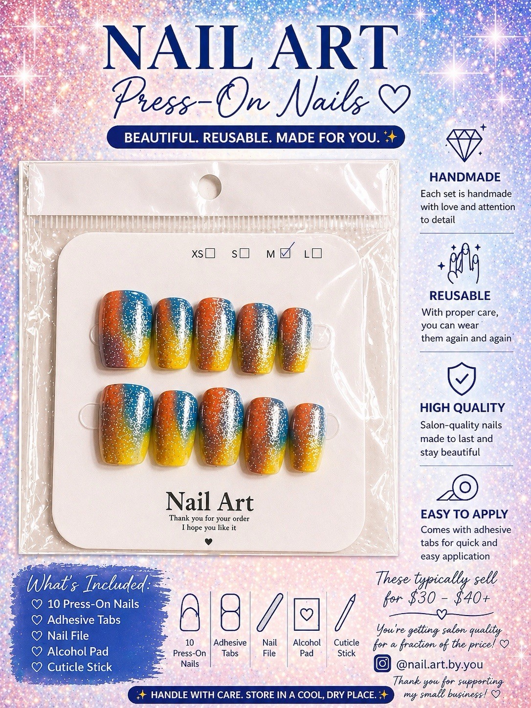 Nail Art Handmade Press-On Nails Medium Square Blue Orange Yellow Glitter