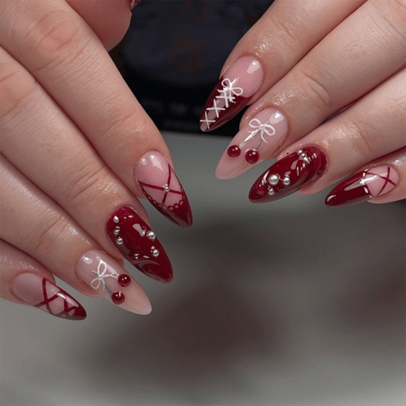 48 Pcs Medium Length Almond Shaped, Bow and Cherry Colored, Removable Fake Nails
