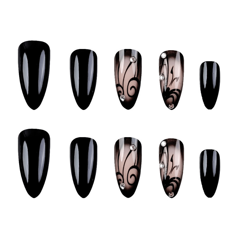 48pcs Almond Press on Nails, Black Smoke Vines Line Rhinestone Gothic Nails