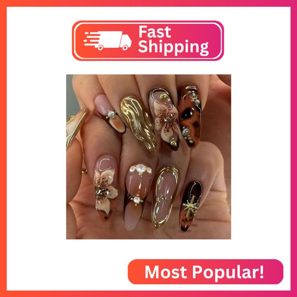 OHWODA 3D Handmade Press on Nails Brown Almond Fake Nails with Stereoscopic Flow