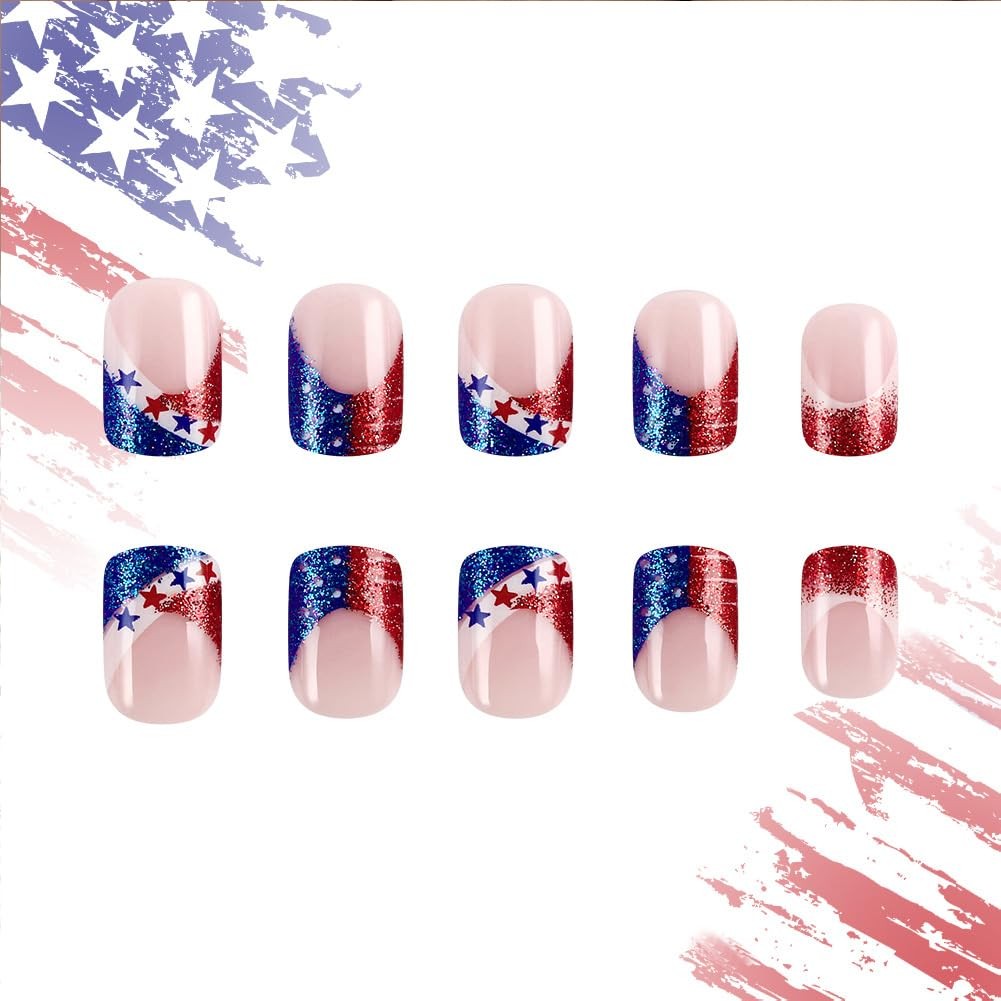 4th of July Nails – Medium Square Press On Nails with Stars, Stripe, Glitter …