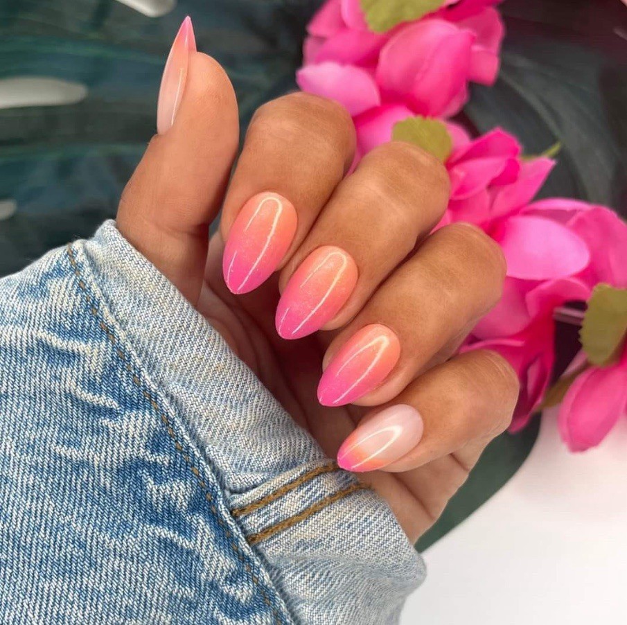 Red Aspen Press On Nails~Mana Wahine, Evalani ~Almond~Pink & Orange Ombre French