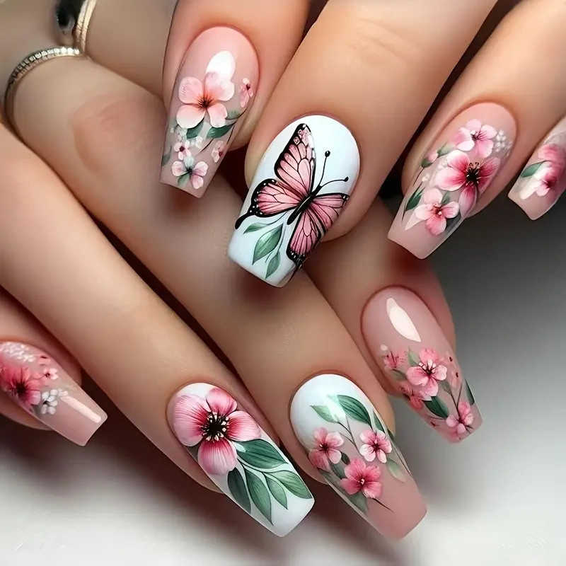 24pcs Ballet Press-On Nails, Medium Length, Glossy, Colorful Butterfly Design