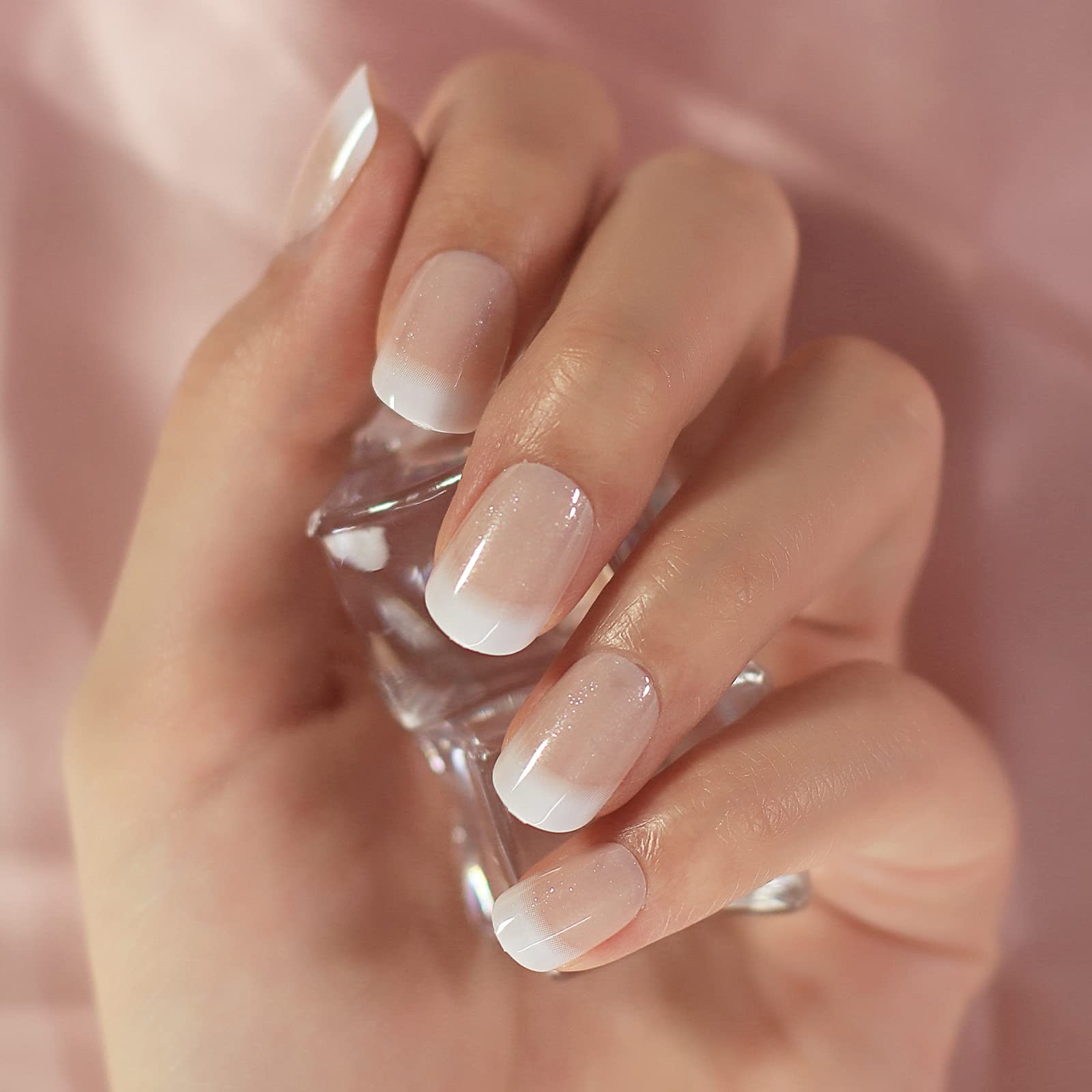 Press on Nails Natural Nude Pink White with Glitter French False Nail Art Tip…