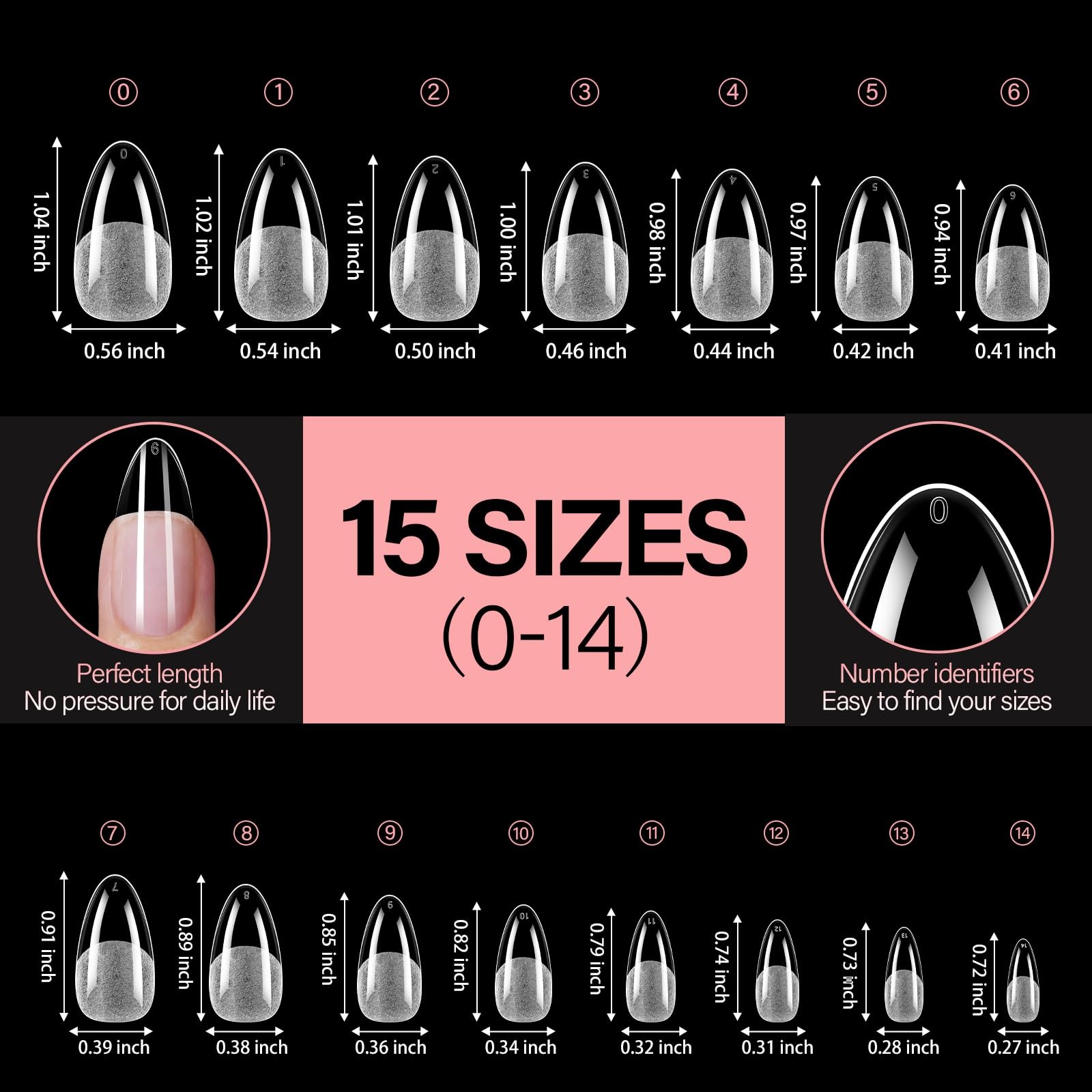 AILLSA Medium Almond Shaped Nail Tips – 15 Sizes Almond, Half Matte