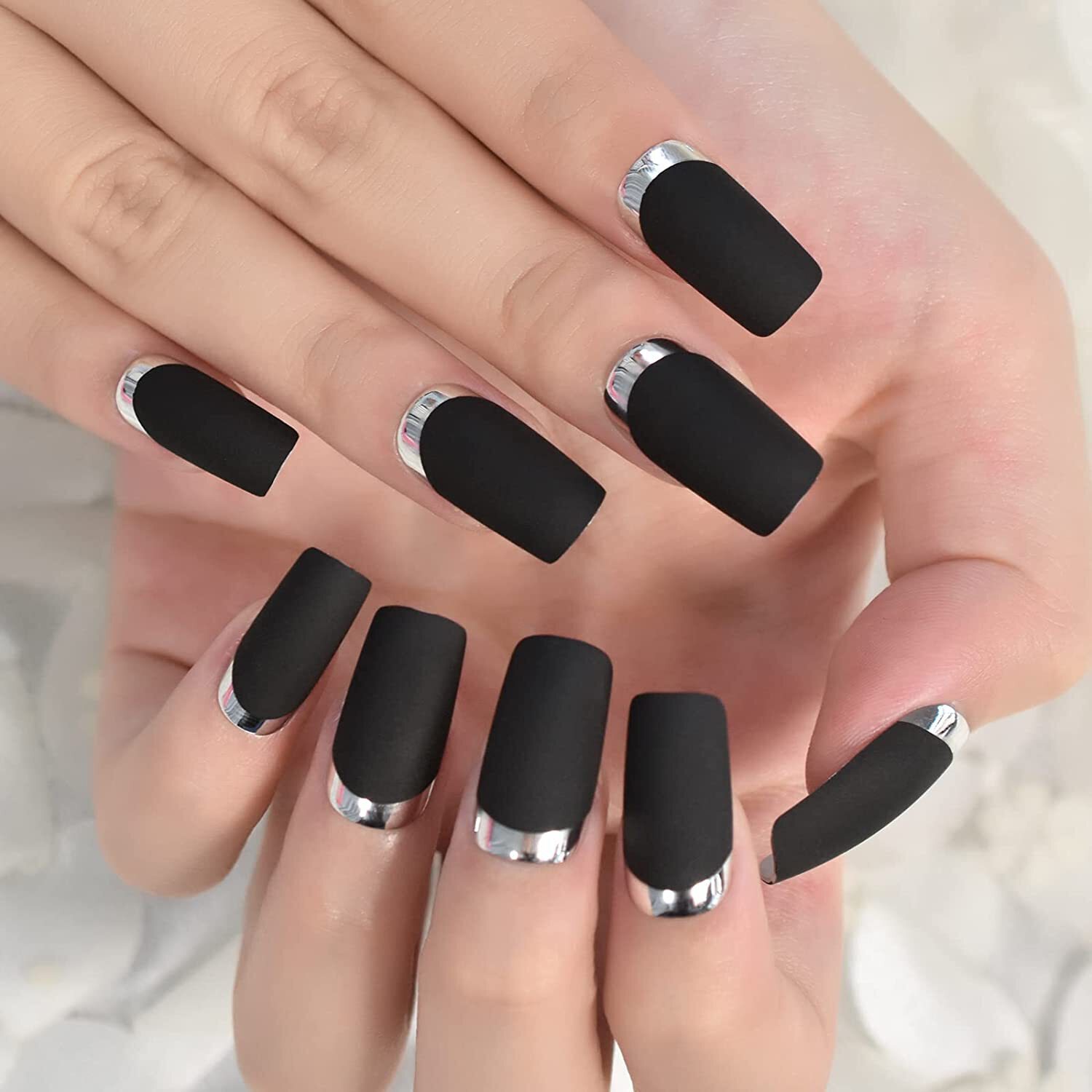 Matte Black Chrome French Press On Nails Long Square False Tips Fake Nails