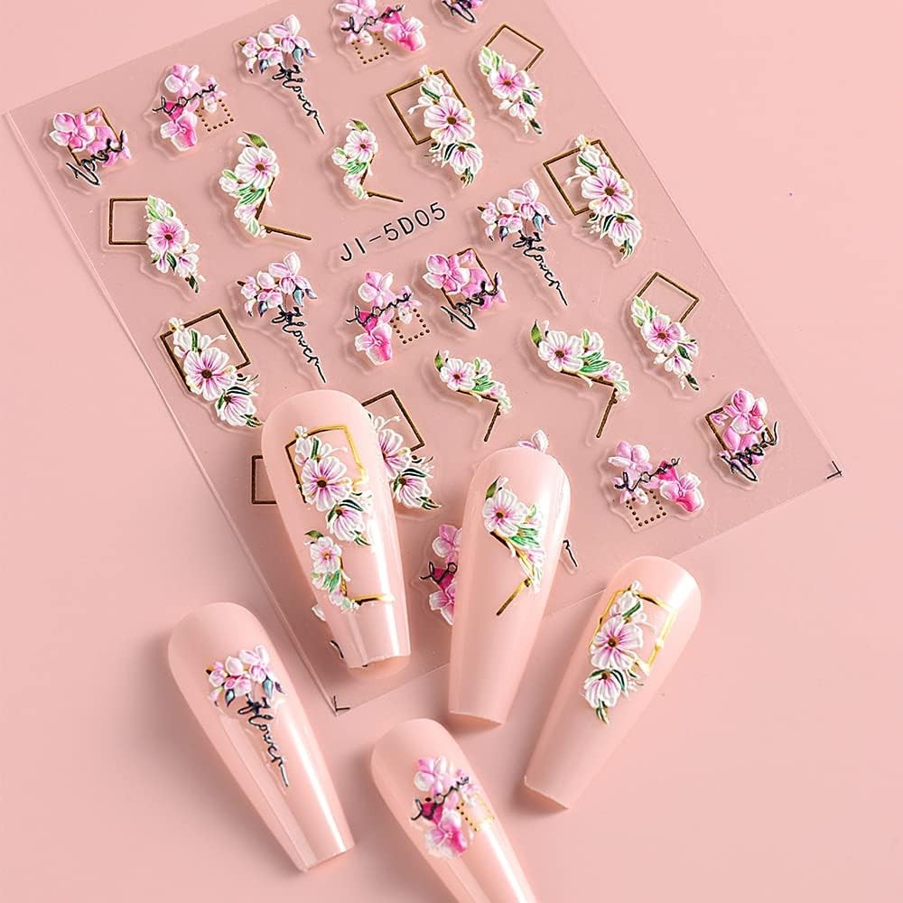 5D Flowers Nail Art Stickers 4 Sheets Pink Flowers Geometric Lines Decor Acry…