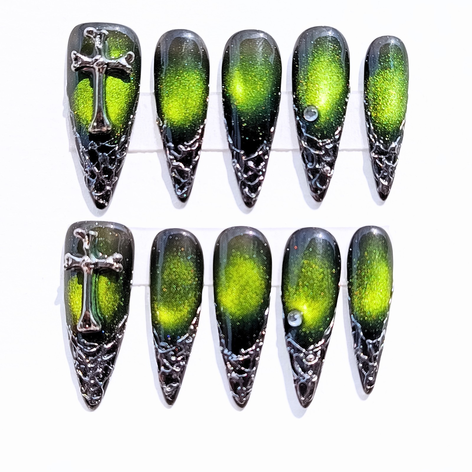 Green Cat Eye Gothic Cross Press-On Nails Stiletto Handmade