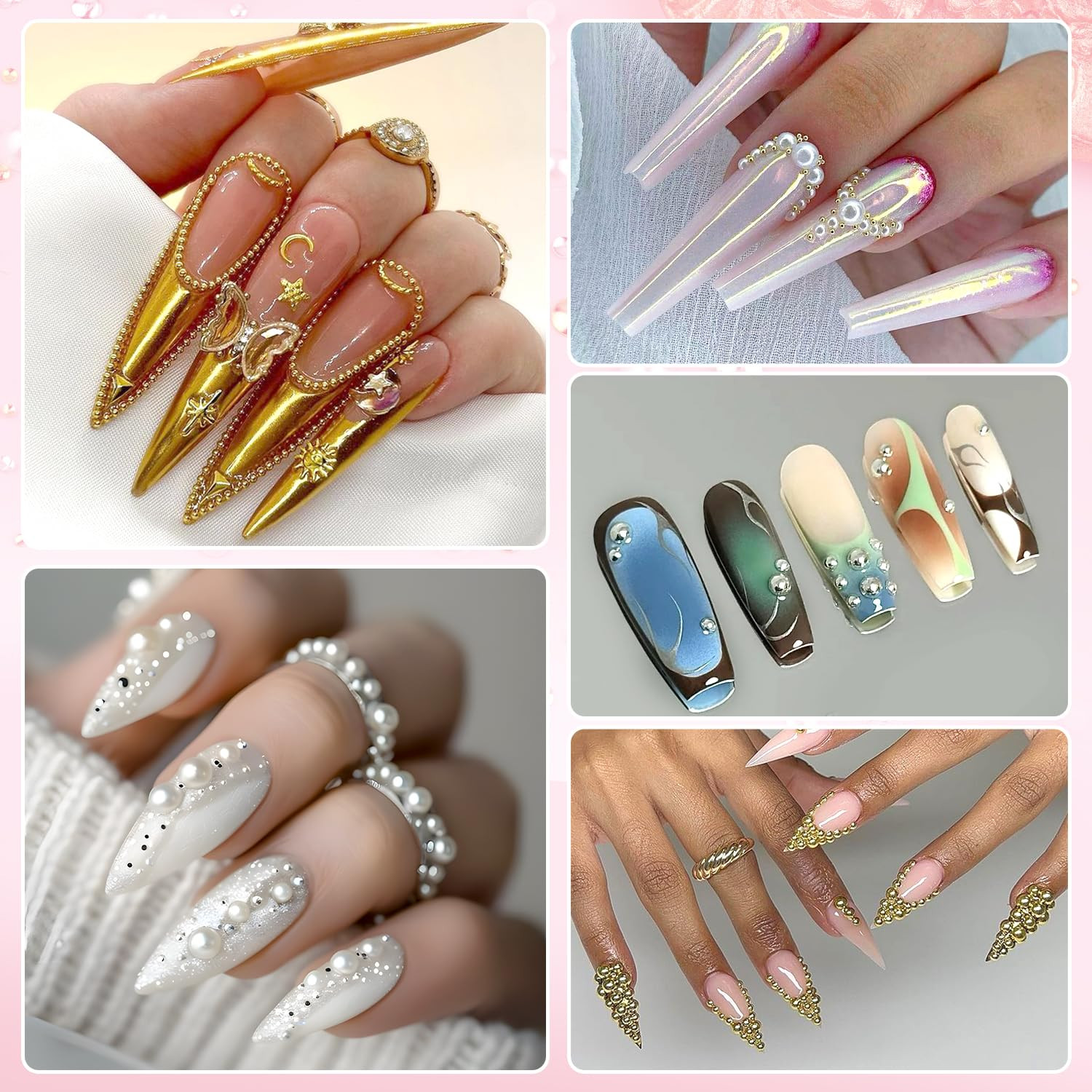 7500PCS Nail Charms Kit Gold Silver Rhinestones Pearls Nail Art Set Tools