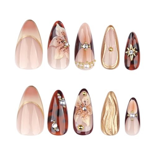 Almond Press on Nails Medium French Tip Fake Nails with Spring Flower Design-4