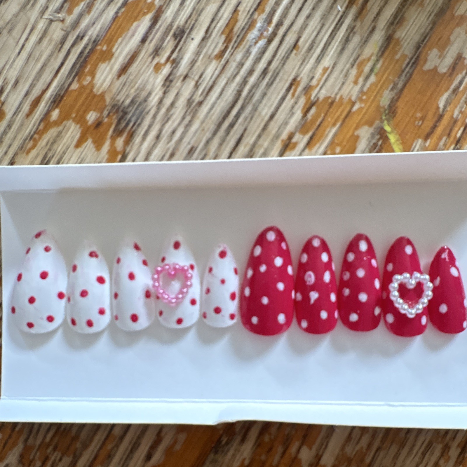 Pink White Polka Dot Heart 3D Pre-Designed Full Cover Almond Press-On Nails