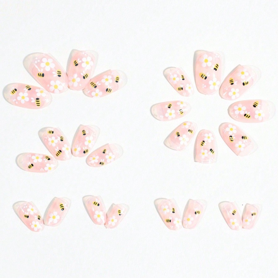 48pcs-Spring Themed Press on Nails, Almond with Bee & Daisy Flower Design
