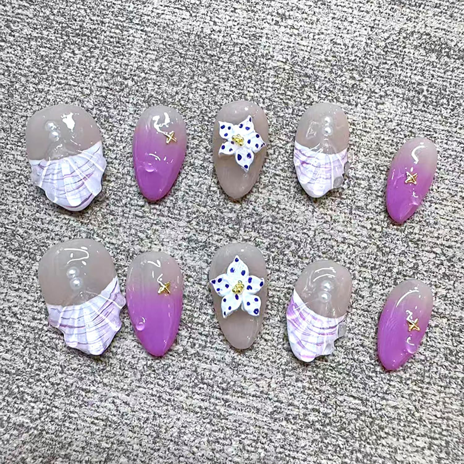 30Pcs Flower Press on Nails Short Almond French Tip Fake Nails Purple Gradient F