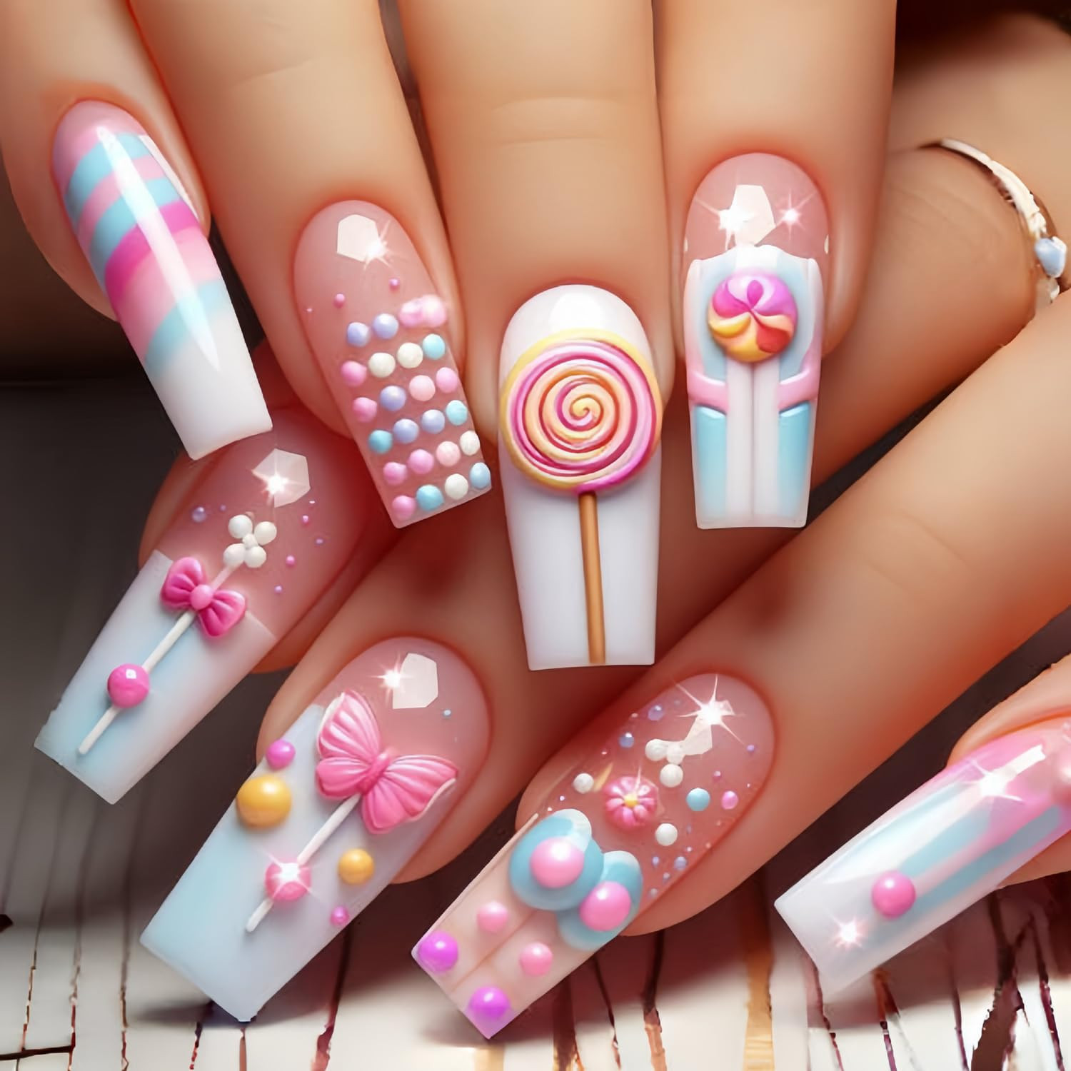 Rainbow Stripes Press on Nails Long Length Flower Love Heart Stripes Pattern Des
