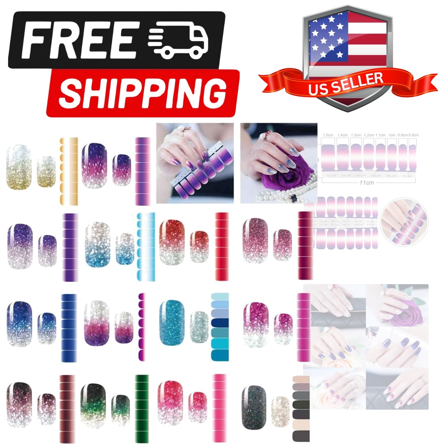 14 Sheets Nail Stickers Glitter Gradient Color Shine Full Nail Wraps Gel Nail…