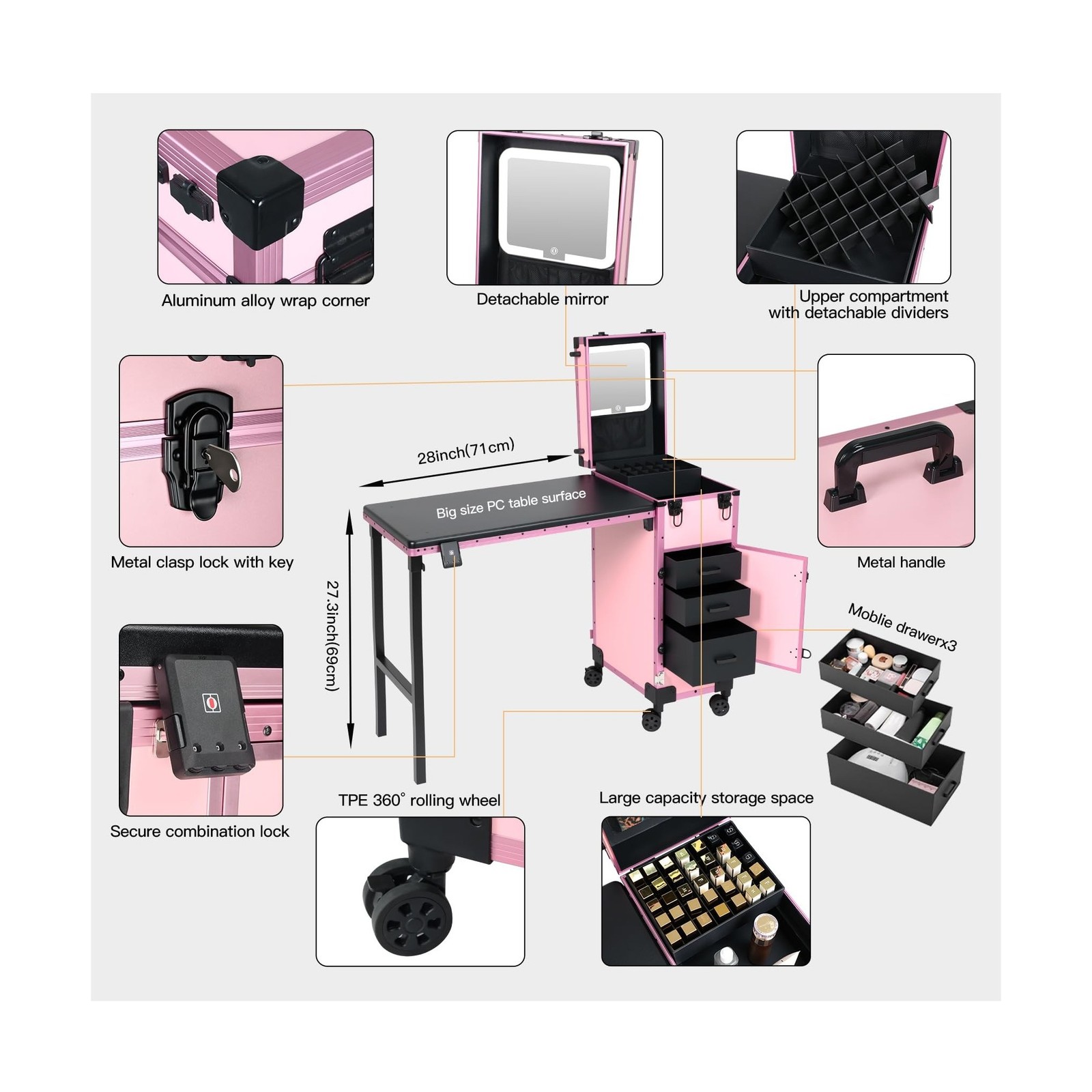 Rolling Portable Manicure Table with 3 Drawers, Lockable Makeup Train Case wi…