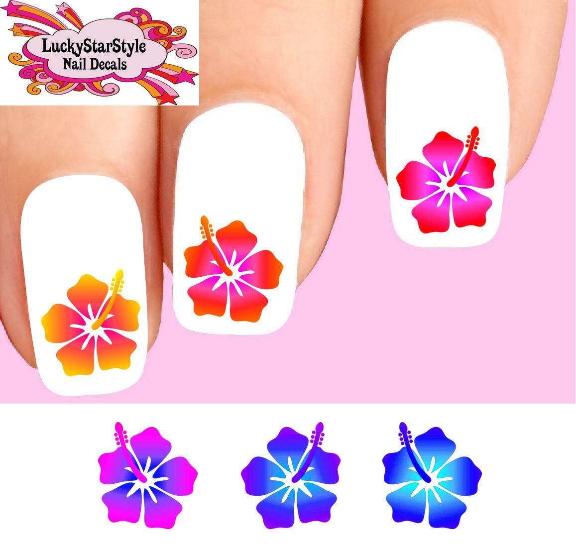 Waterslide Flower Nail Decals Set of 20 – Colorful Hawaiian Hibiscus Assorted