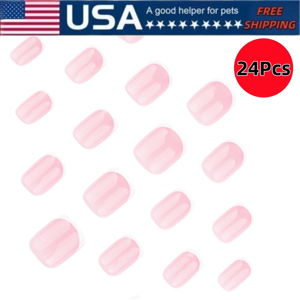 Short Square French Tip Press On Nails 24Pcs Pink White False Nail Set