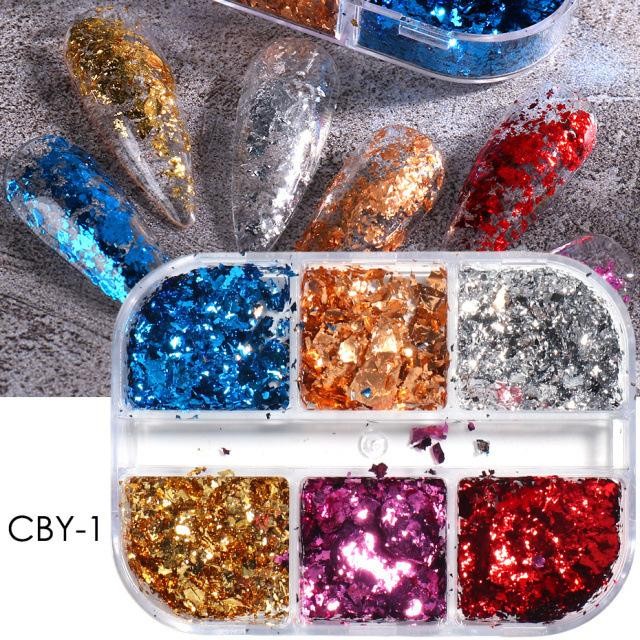 6 Grid Nail Glitter Sequins Set with Aurora Powder & Iridescent Opal for Nails