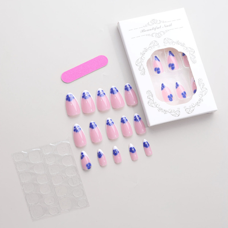 48Pcs-Medium Almond Nude Light Blue French Blue Flower Gold Bead Press on Nails