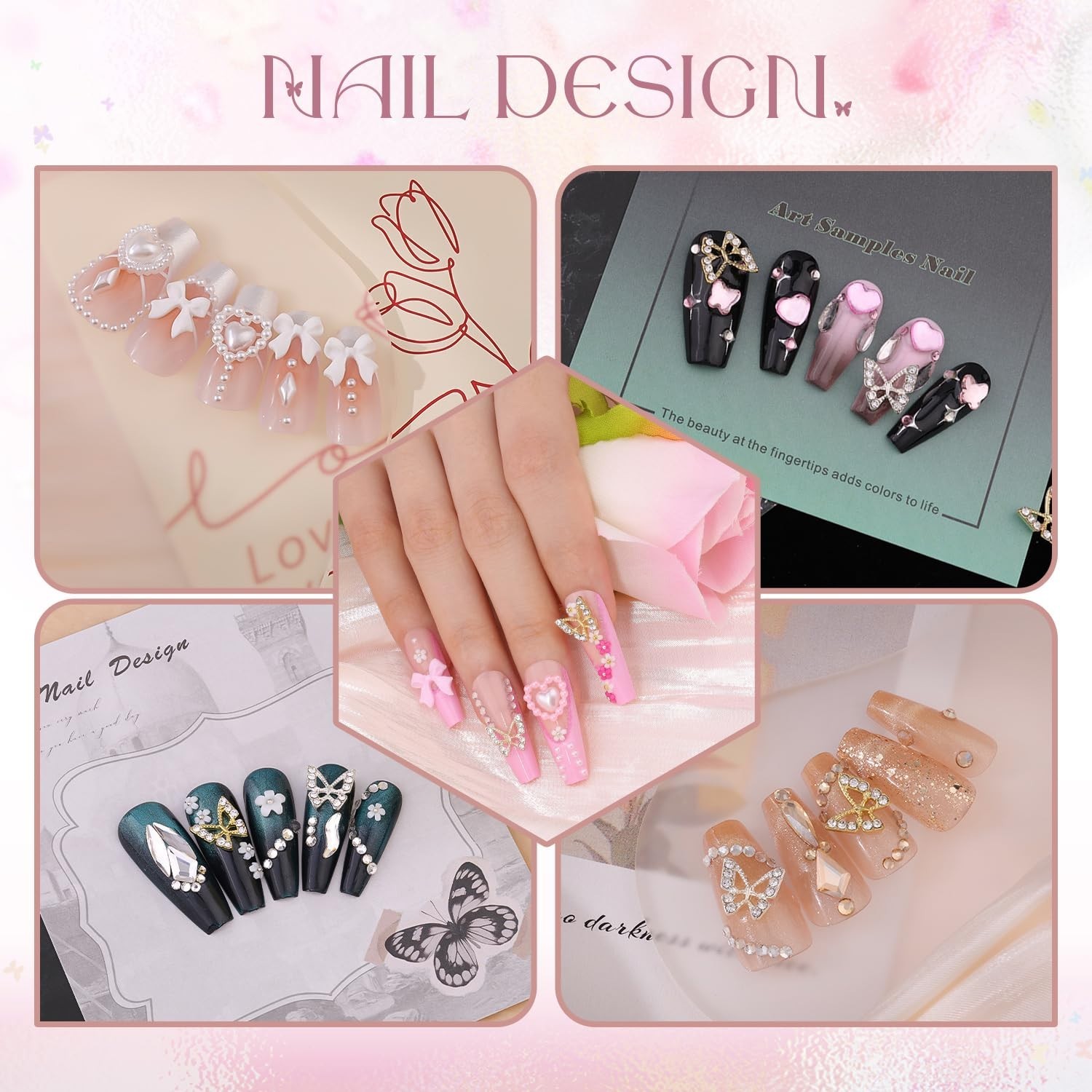 3D Nail Charms Set: 20PCS Butterfly + 75PCS Bow & Heart + Gems, Tools Included