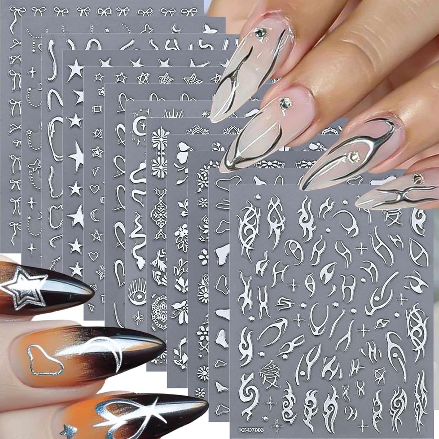 12 Sheets Silver Nail Art Stickers, 3D Self-Adhesive Bronzing Sun Moon Stars Bow