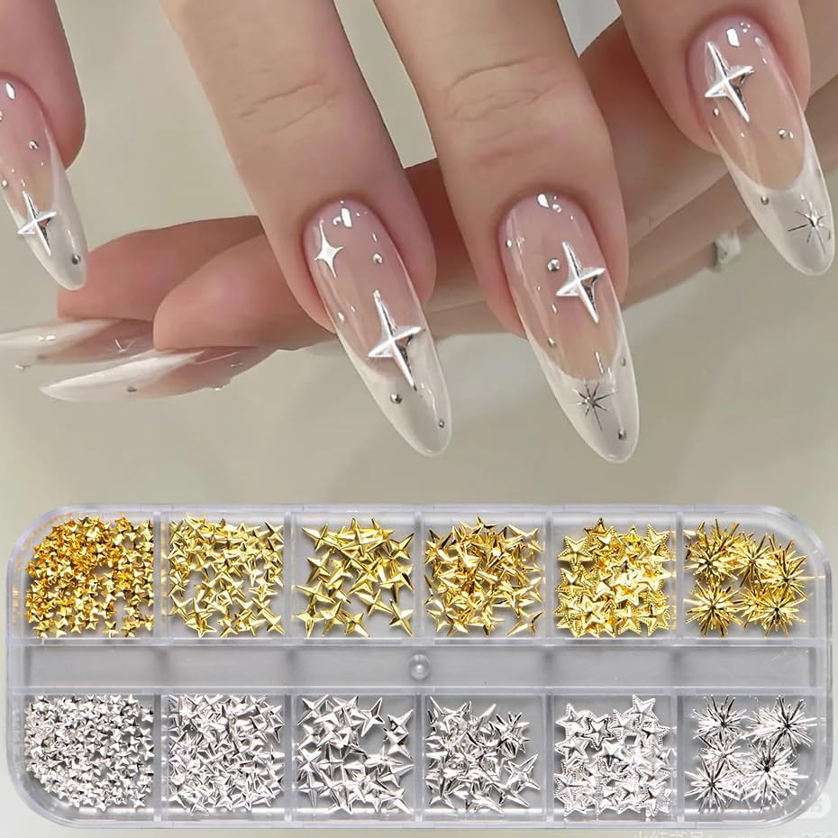 12Grids Star Nail Rhinestones Charms Gold Silver Star Nail Gems Diamonds 3D Allo